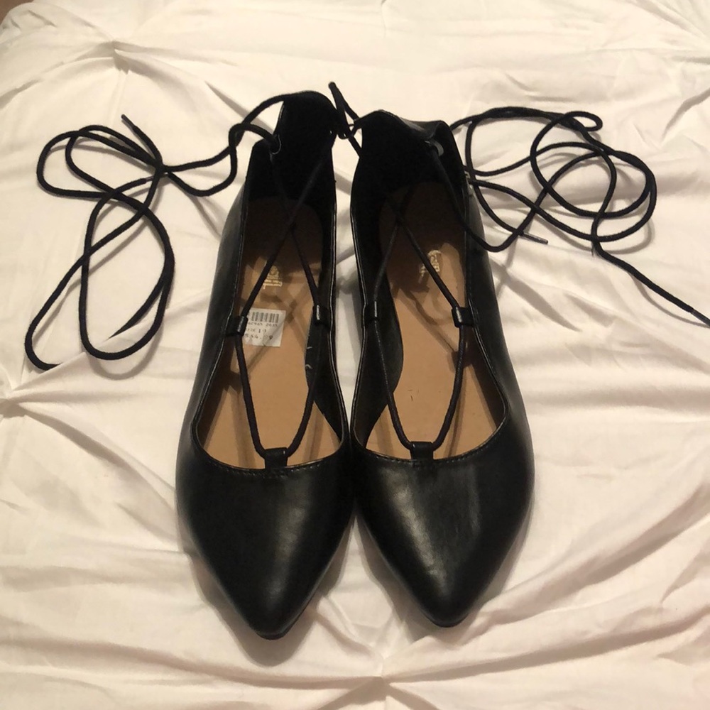 black lace up ballerina flats
